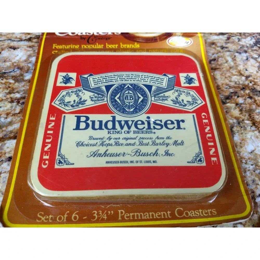 6 BUDWEISER BEER COASTERS Vintage America's Favorite Conimar‎ Cork Back Sealed
